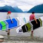 Budget inflatable paddle board floating steadily on calm water