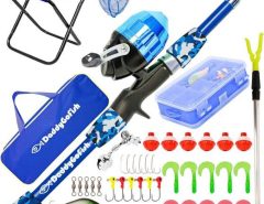 Kids fishing combo with rod, reel, and tackle ready for first fishing trip
