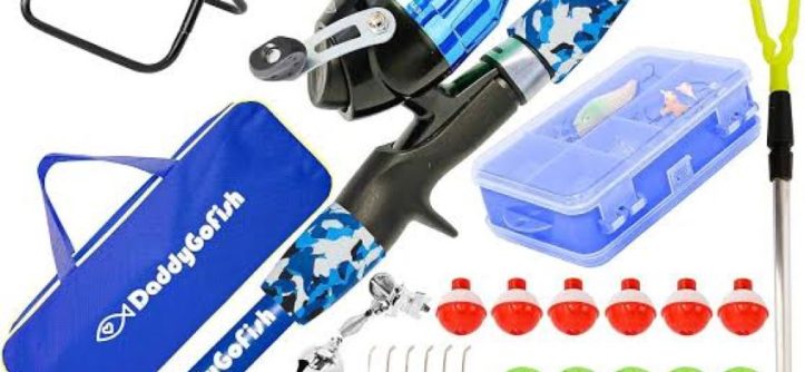 Kids fishing combo with rod, reel, and tackle ready for first fishing trip