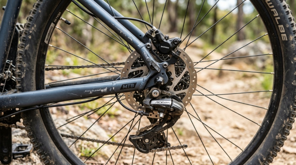 Close up of hydraulic disc brakes on a mountain bike wheel.