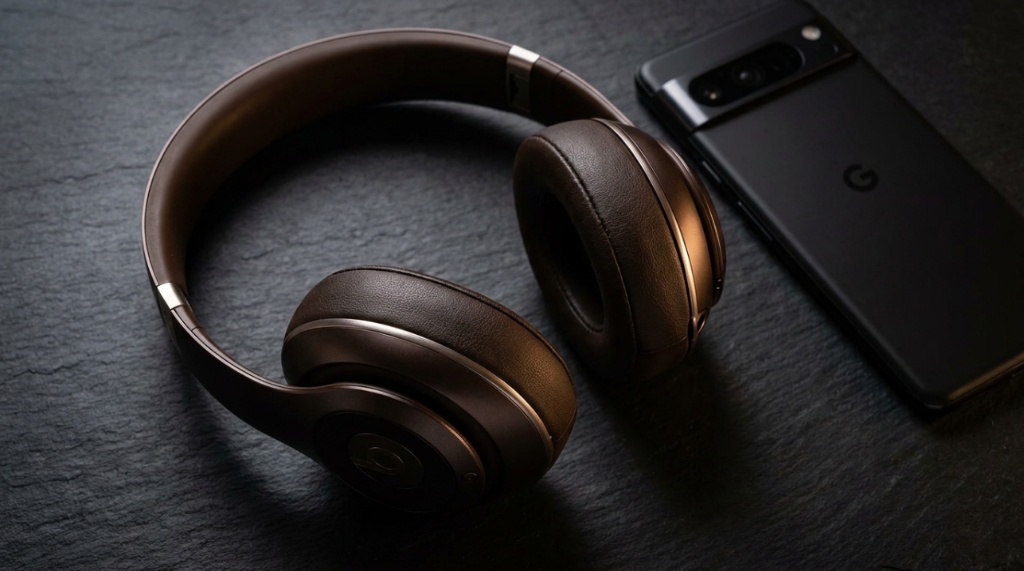 Close-up shot of premium wireless Beats headphones resting next to a smartphone.