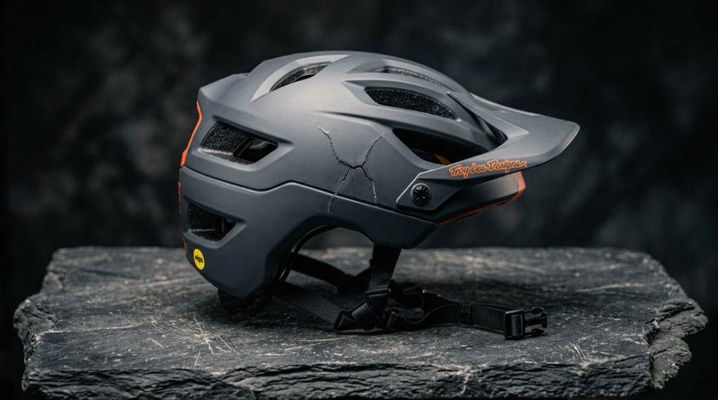 A rider fastens the strap of a mountain bike helmet before a trail.