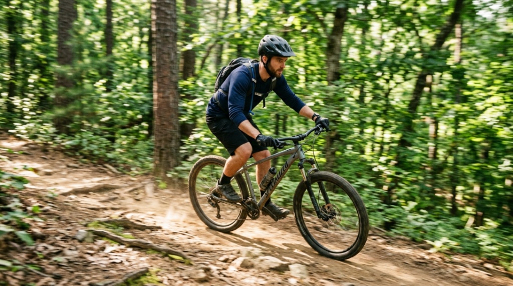 Cyclist riding a hardtail mountain bike down a dirt forest trail.