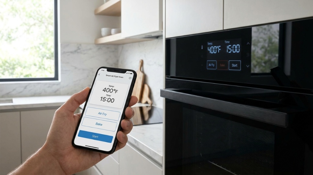 Smartphone app interface controlling a digital smart kitchen appliance.
