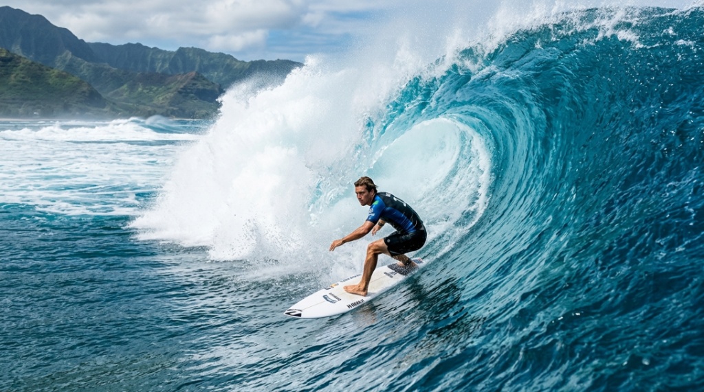 An experienced surfer catches a massive turquoise Hawaiian wave on a high-performance surfboard.