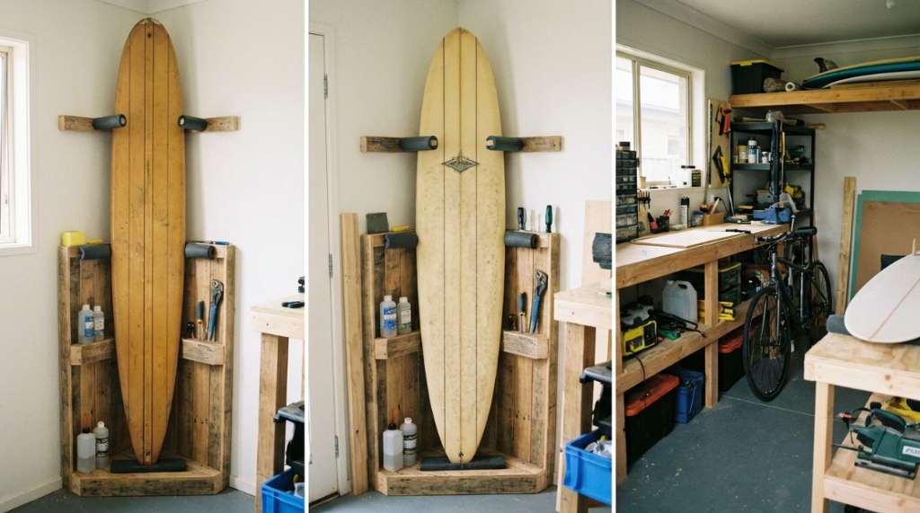 Vertical surfboard repair stand holding longboard in small workspace.