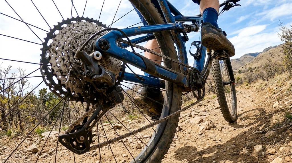Mechanic adjusting rear derailleur on mountain bike