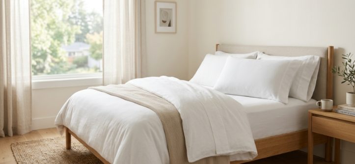 A clean cooling pillowcase resting on a neatly made bed.