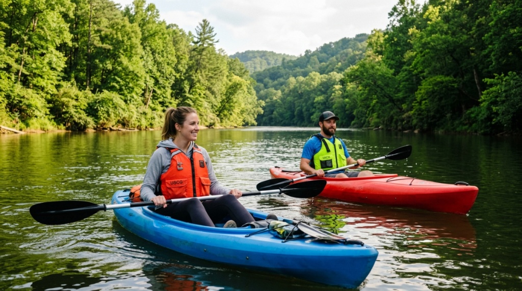 Two people wearing bright life vests while kayaking down a river.