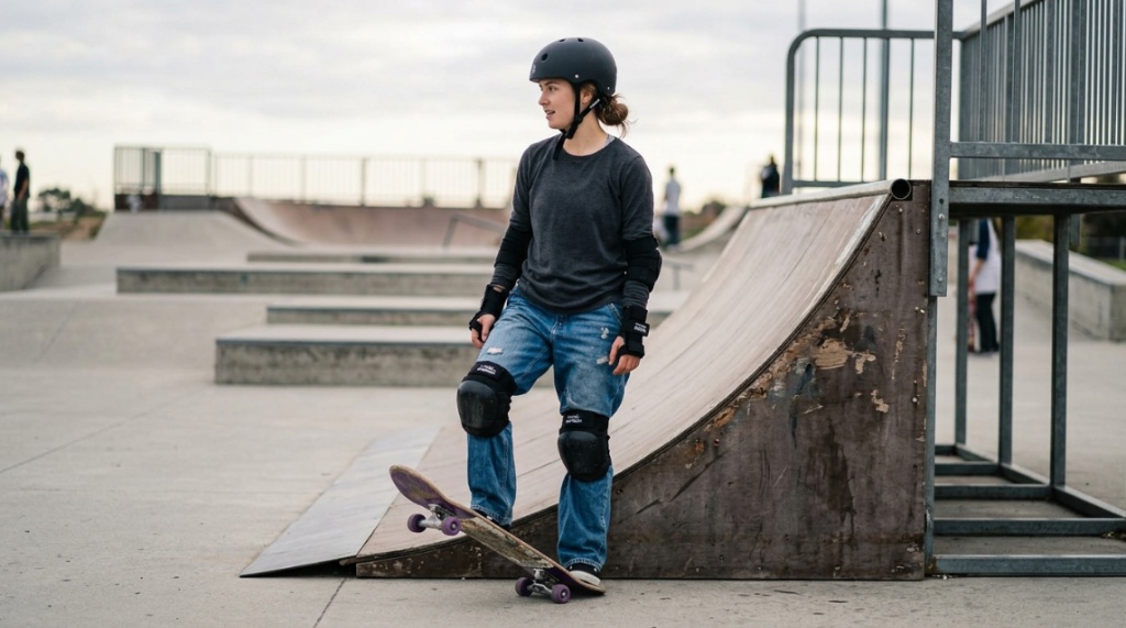 Skateboarder wearing a helmet and knee pads preparing to ride a mini ramp.