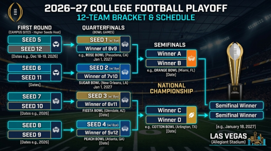 College Football Playoff 12-team bracket graphic for the 2026–27 season showing seeds, bowl game sites, and the national championship schedule leading to Las Vegas