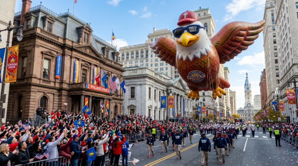 Giant helium balloon floating past crowds on parade route in Philadelphia