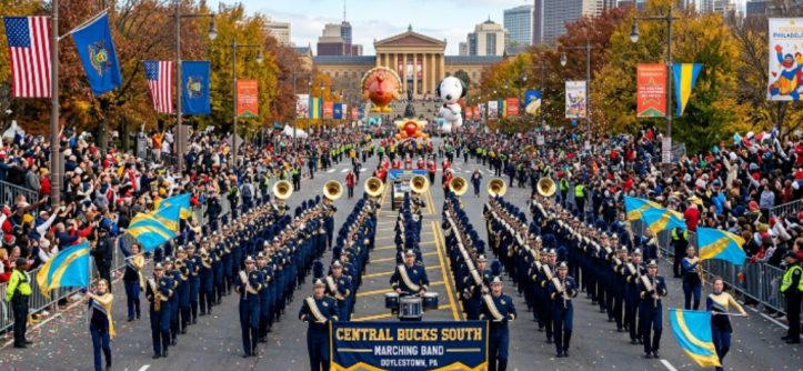 Marching band performing on Benjamin Franklin Parkway during the Philadelphia Thanksgiving parade