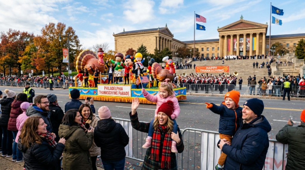 Families watching floats near the Philadelphia Museum of Art on Thanksgiving morning