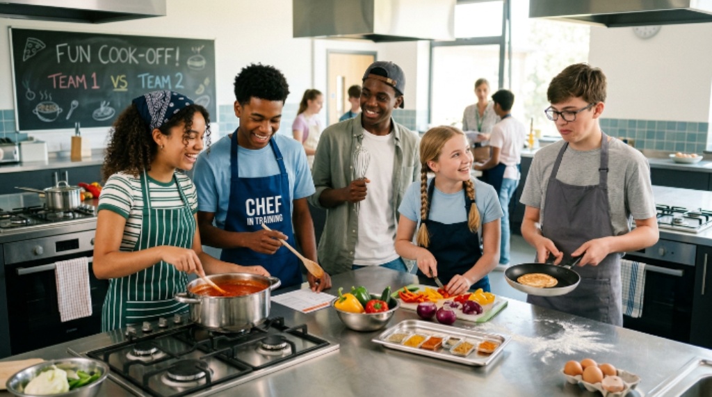 High school cooking club students collaborating on a fun culinary challenge