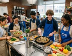 High school students preparing healthy meals together in a cooking club kitchen