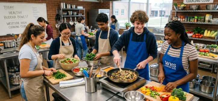 High school students preparing healthy meals together in a cooking club kitchen