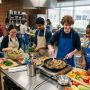 High school students preparing healthy meals together in a cooking club kitchen