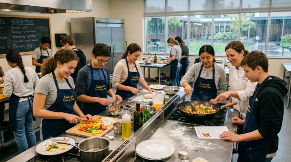 Teen cooking club members learning new recipes during a hands-on school activity