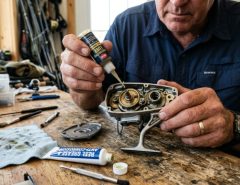 Flat lay of corrosion resistant fishing gear on a wooden table.