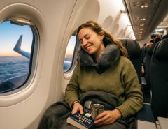 Woman sleeping comfortably with memory foam neck pillow on airplane.