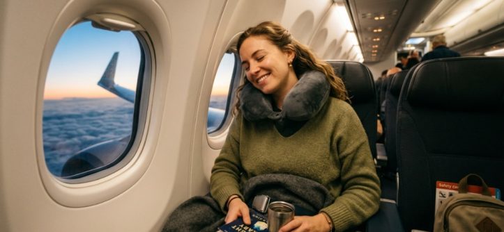 Woman sleeping comfortably with memory foam neck pillow on airplane.