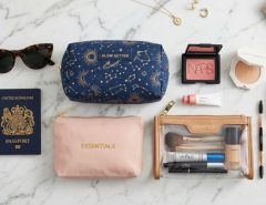 Organized makeup bags with travel-sized cosmetics on a vanity table.