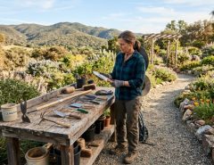 comparing weeding knives on a wooden workbench in a California garden.