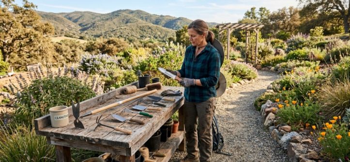 comparing weeding knives on a wooden workbench in a California garden.
