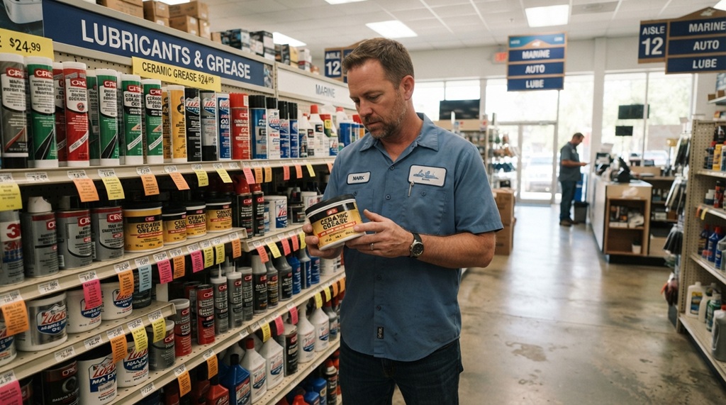 A male customer choosing low-friction ceramic grease off a store shelf.