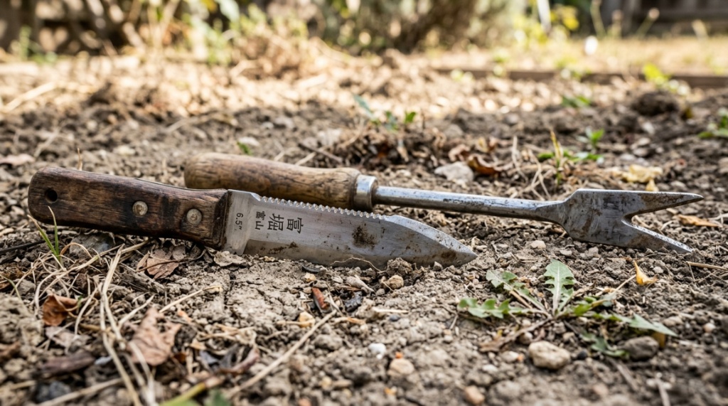 Person using a steel weeding knife to remove weeds from drought-tolerant landscaping.