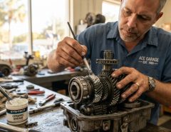 A man applying low-friction ceramic grease to metal gears in a workshop.