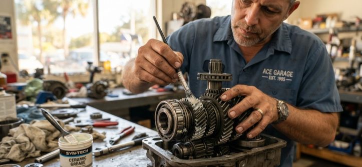 A man applying low-friction ceramic grease to metal gears in a workshop.