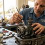 A man applying low-friction ceramic grease to metal gears in a workshop.