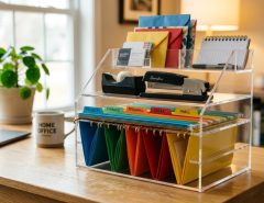 Minimalist wooden desk organizer neatly holding pens, notepads, and sticky notes.
