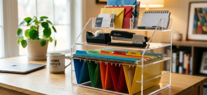 Minimalist wooden desk organizer neatly holding pens, notepads, and sticky notes.