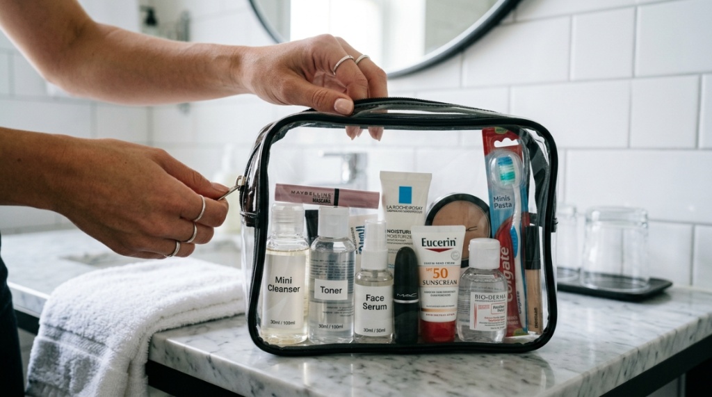 Hands packing cosmetic items into a clear travel makeup bag.