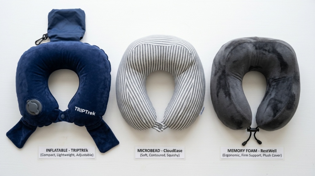 Various travel neck pillows laid out for material comparison