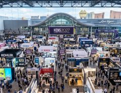 Aerial view of the KBIS 2027 show floor at the Las Vegas Convention Center with exhibitor booths and attendees