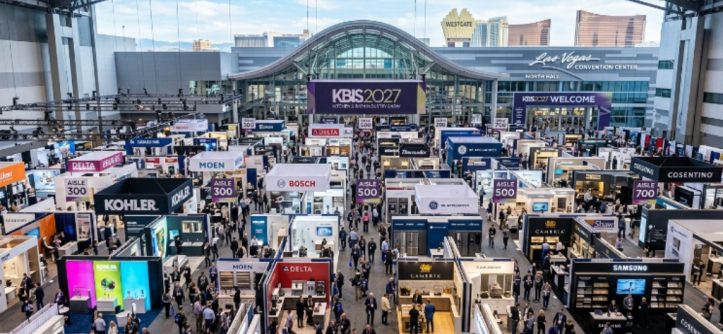 Aerial view of the KBIS 2027 show floor at the Las Vegas Convention Center with exhibitor booths and attendees