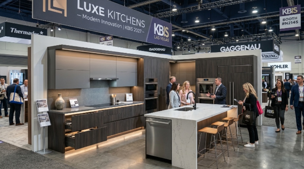 Modern kitchen display booth featuring cabinetry and appliances at KBIS 2027 Las Vegas