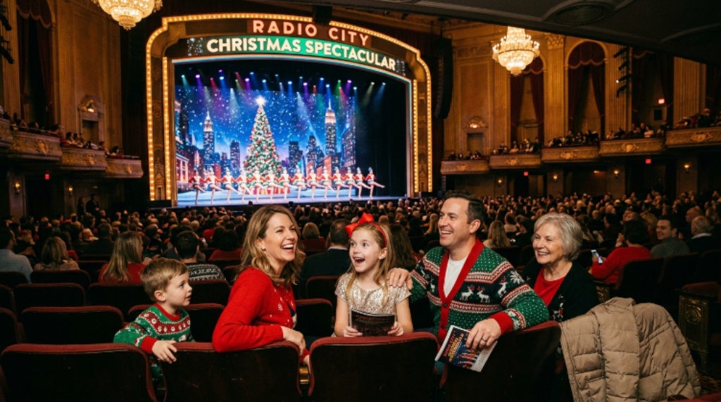 Family attending a Christmas Spectacular matinee performance in New York City