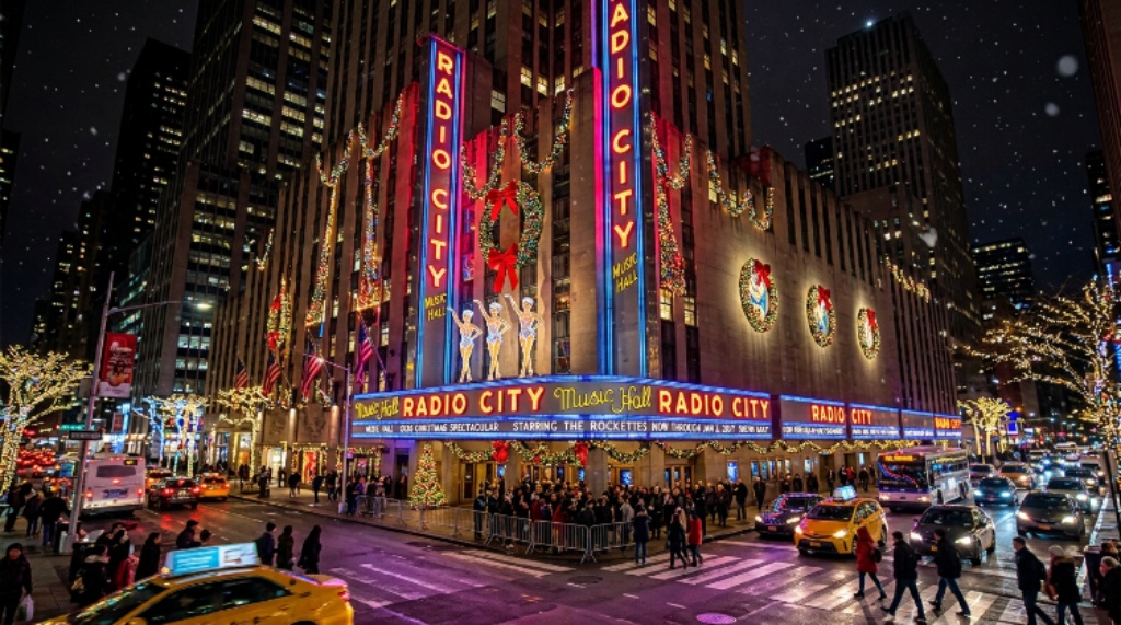 Radio City Music Hall exterior lit up for the 2026 holiday season