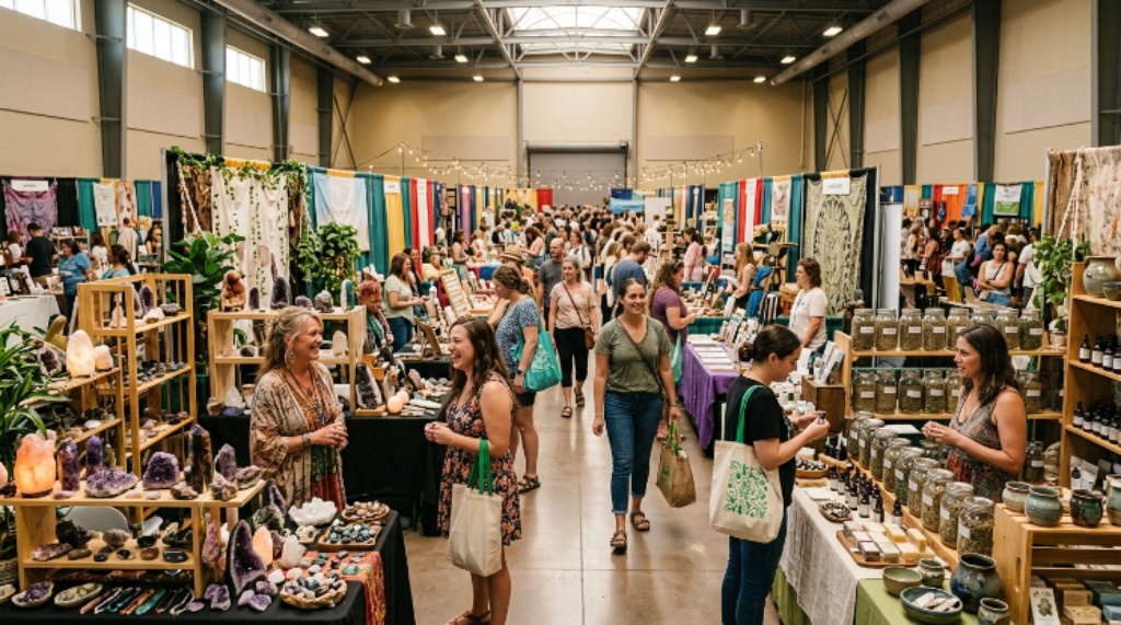 Vibrant photorealistic wellness marketplace in Sioux Falls, rows of holistic health vendors showcasing crystals, handmade wellness products, herbs, books, jewelry, and spiritual items, happy visitors browsing and interacting, spacious convention hall, colorful but natural lighting, editorial event photography, 16:9. No text, logos, signs, or watermarks