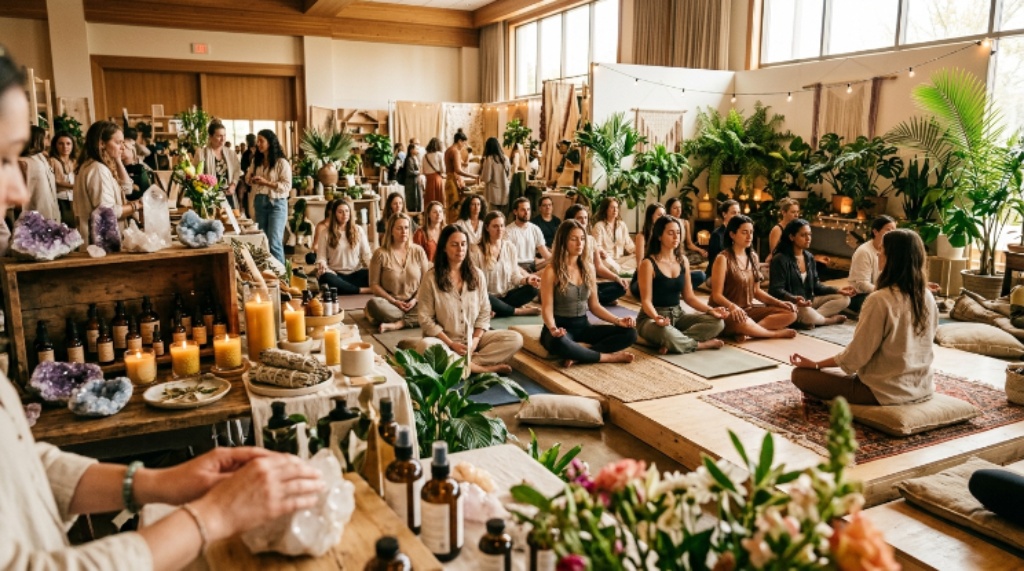 Photorealistic holistic wellness event with people practicing meditation and mindfulness, yoga-inspired displays, healing crystals, candles, plants, essential oils, and spiritual wellness products, elegant indoor expo setting, warm natural lighting, cinematic composition, 16:9. No text or typography
