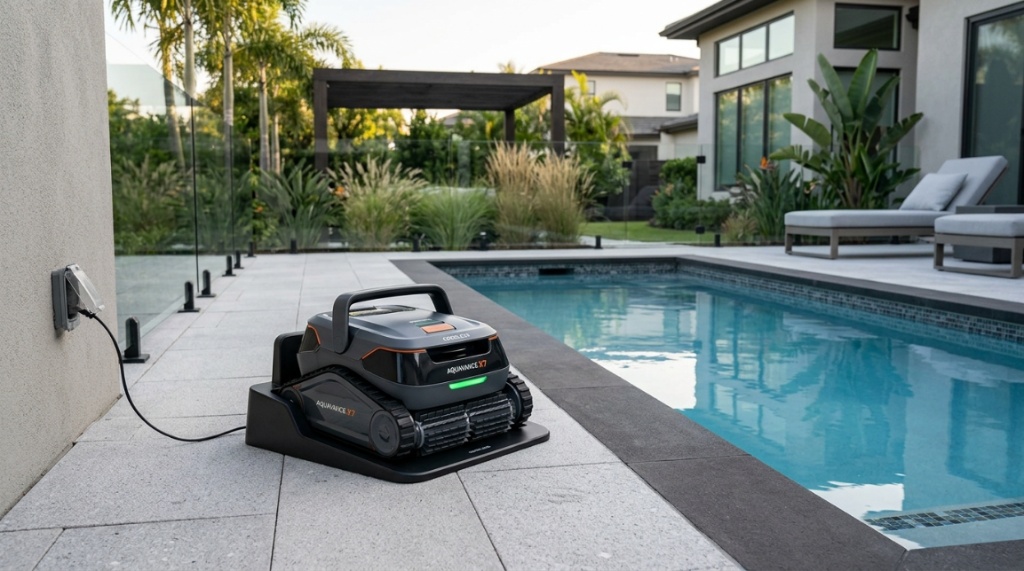 Aiper Scuba V3 pool cleaner resting on its charging station outdoors.