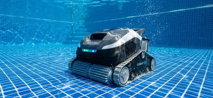Aiper Scuba V3 cordless pool cleaner scrubbing a residential swimming pool floor.