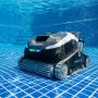 Aiper Scuba V3 cordless pool cleaner scrubbing a residential swimming pool floor.