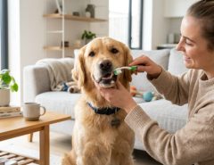 Owner brushing a golden retriever's teeth with a dog-safe toothbrush.