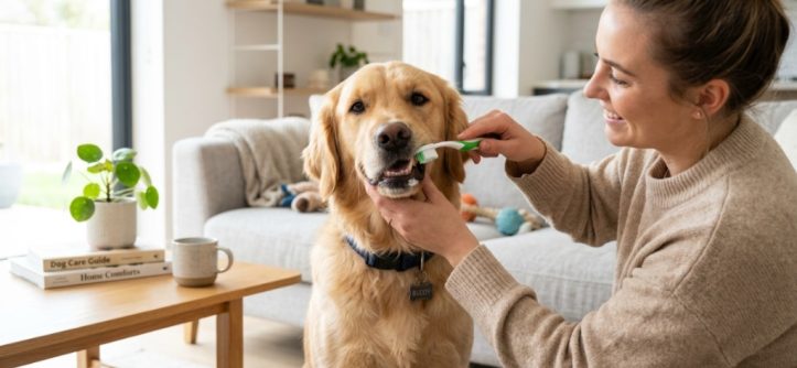 Owner brushing a golden retriever's teeth with a dog-safe toothbrush.